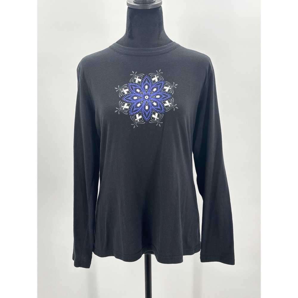 Tek Gear Womens Long Sleeve Graphic Tee Black Purple Mandala Size Large